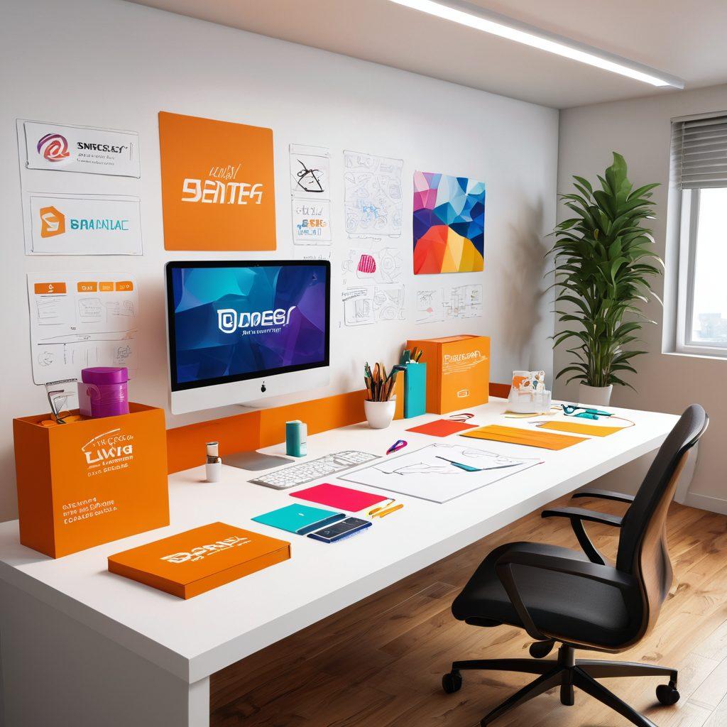 A creative workspace showcasing a professional logo design in action, with sketches, color palettes, and digital screens displaying logo variations. Include elements like brainstorming sessions, brand strategy boards, and a vibrant office setting. Emphasize a sense of collaboration and innovation, with eye-catching logos and business branding materials scattered around. super-realistic. vibrant colors. 3D.