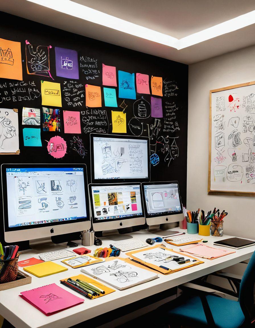 A dynamic workspace showcasing the logo design process, featuring sketches, digital screens displaying vibrant logo concepts, colorful markers, and design tools scattered around. In the background, a brainstorming board filled with colorful sticky notes showcasing ideas and inspiration. Warm lighting that reflects creativity and innovation. super-realistic. vibrant colors.