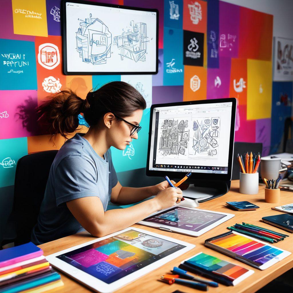 A creative workspace featuring a designer sketching a unique logo on a digital tablet, surrounded by vibrant color palettes and design tools. In the background, a wall filled with various successful logos highlights brand identities. The atmosphere is inspiring and energetic, reflecting the importance of custom logo design in building a brand. super-realistic. vibrant colors. 3D.